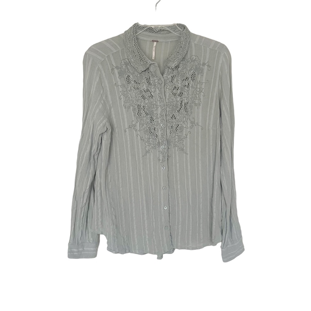 Free People Light Gray Lace-Trim Button-Down Shirt
